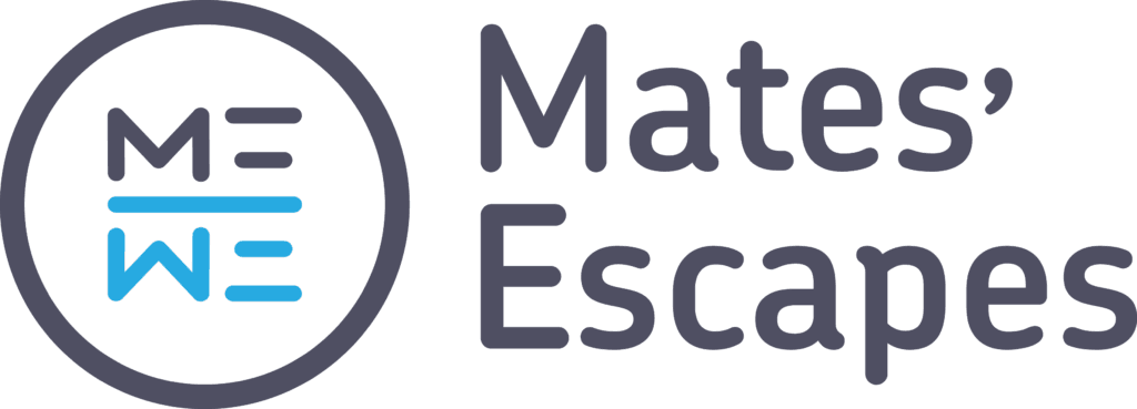 Logo with "Mates' Escapes" text and circular emblem containing stylized "ME WE" letters in blue and black.