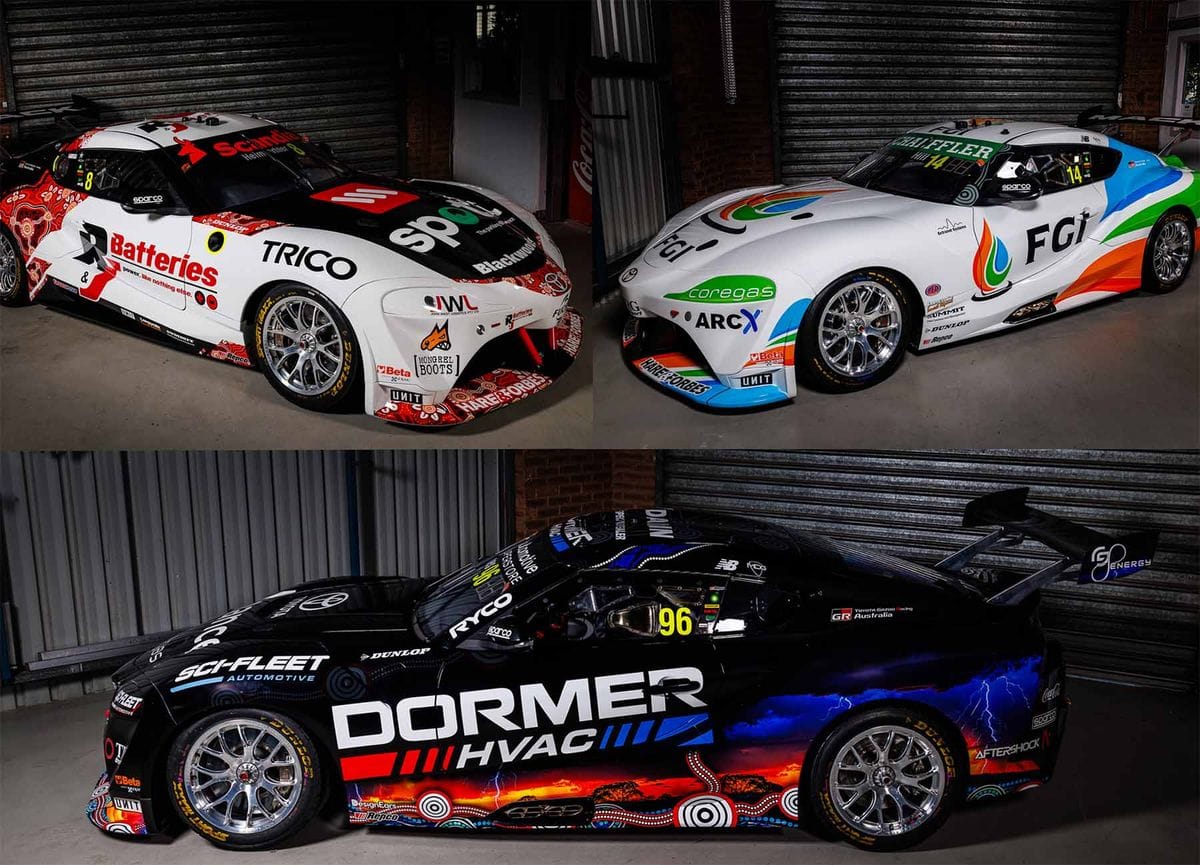 Three Brad Jones Racing Supercars shown in a collage, featuring SCT Logistics, FGI and Dormer HVAC liveries.