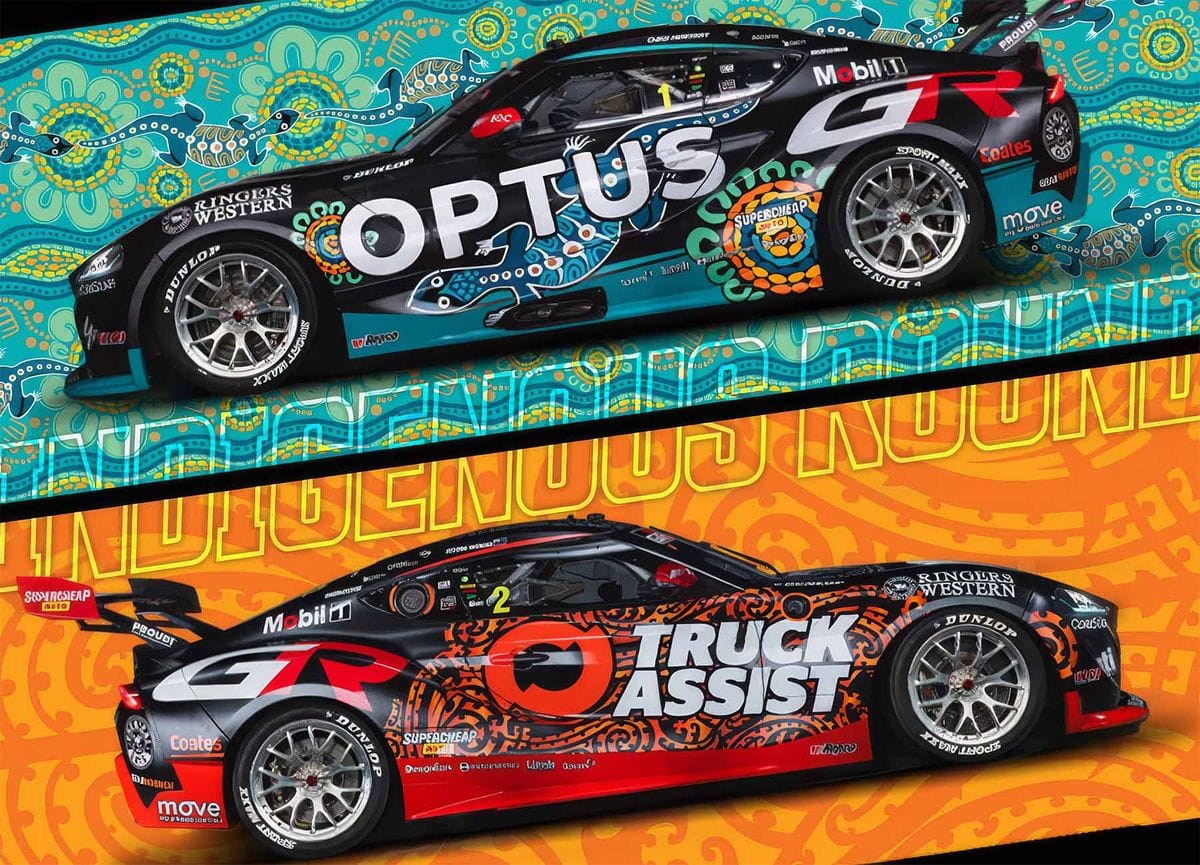 Two Walkinshaw Andretti United Supercars shown side-on in Indigenous liveries, with Optus and Truck Assist branding on patterned backgrounds.
