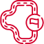 Red, abstract geometric shape resembling a stylized, interconnected loop with rounded edges on a white background.