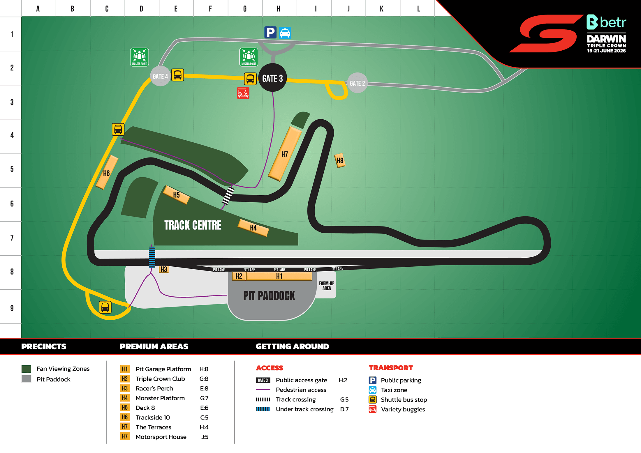 Schematic map of Darwin Triple Crown racetrack: circuit loop, pit paddock, fan viewing zones, gates, shuttle stops and parking.