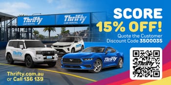 Thrifty car rental ad with three vehicles, 15% discount offer, and QR code. Contact details: Thrifty.com.au or call 136 139.